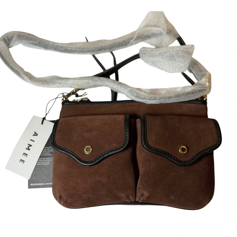 Aimee Kestenberg Bal Harbour Crossbody Brown Suede Leather Gold Hardware Womens